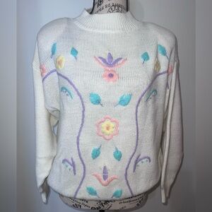 Vintage Basket of Yarn Pastel Floral Embroidered Mock Neck Sweater/Large